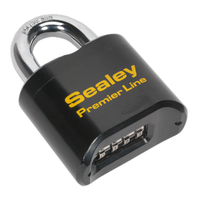 The Steel Body Combination Padlock 62mm - PL603, featuring the brand name "Sealey" Premier Line printed in yellow on its black body, ensures maximum security with its heavy-duty construction.