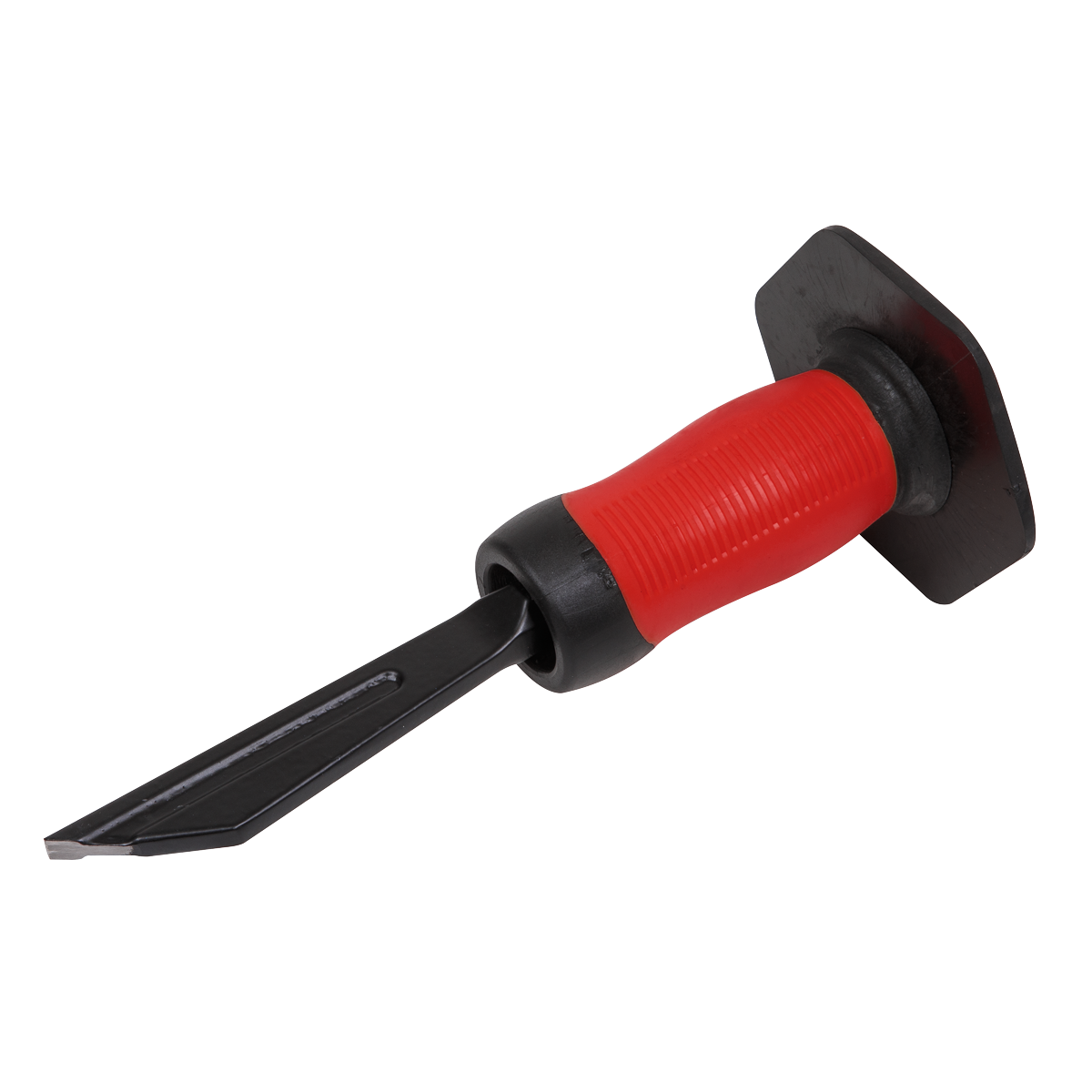 The Sealey Plugging Chisel with Grip 250mm - PLC01G is designed for masonry work and features a red handle with a protective hand guard. Made from drop-forged steel, this plugging chisel offers durability and corrosion resistance. The comfort grip ensures ease of use during extended periods of work.