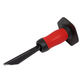 The Sealey Plugging Chisel with Grip 250mm - PLC01G is designed for masonry work and features a red handle with a protective hand guard. Made from drop-forged steel, this plugging chisel offers durability and corrosion resistance. The comfort grip ensures ease of use during extended periods of work.