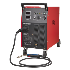 A red Sealey Professional MIG Welder 300A 415V 3ph, model POWERMIG3530, with a black control panel, dials, and an attached Binzel® Euro welding torch. It features a heavy-duty electronic wire drive motor for enhanced precision and stands on wheels for easy mobility.