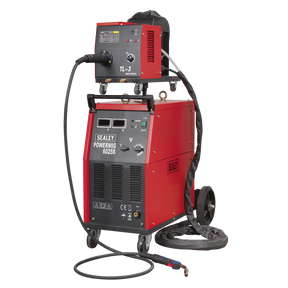 The Sealey Professional MIG Welder 250A 415V 3ph with Binzel® Euro Torch & Portable Wire Drive - POWERMIG6025S features a heavy-duty electronic wire drive motor, complete with a connected control unit and cables, including a hose and welding torch for optimal functionality.