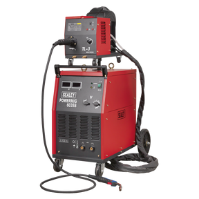 The Sealey Professional MIG Welder 350A 415V 3ph with Binzel® Euro Torch and Portable Wire Drive - POWERMIG6035S features a heavy-duty electronic wire drive motor and industrial transformer, comes with an attached TL-3 unit on top, cables, and a control panel, all on wheels for easy mobility.
