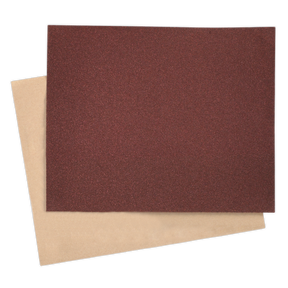 Two sheets of Sealey Production Paper (230 x 280mm, 60 Grit, Pack of 25 - PP232860), one brown and one beige, ideal for sanding and shaping filler, overlap each other.