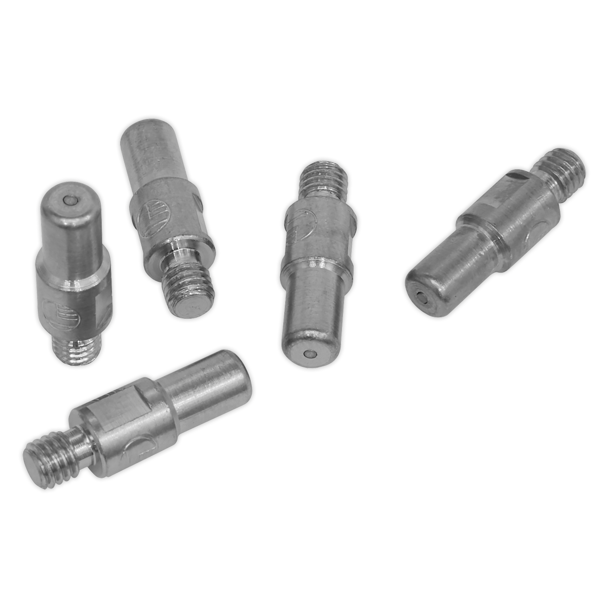 Five silver, cylindrical metal connectors with threaded ends, named "Electrode Short Low Power for PP40PLUS - Pack of 5 - PP40PLUS.E" by Sealey, are displayed on a white background. These connectors are suitable for use in various applications.