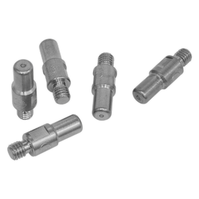 Five silver, cylindrical metal connectors with threaded ends, named "Electrode Short Low Power for PP40PLUS - Pack of 5 - PP40PLUS.E" by Sealey, are displayed on a white background. These connectors are suitable for use in various applications.