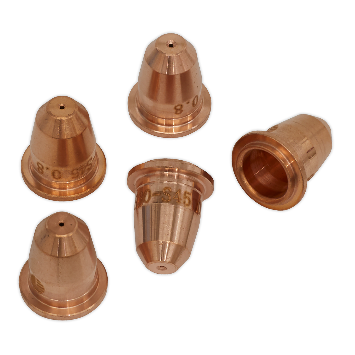 Five copper-colored nozzles, part of the "Sealey PP40PLUS.N" pack, are arranged in a scattered formation on a white background. Suitable for use in various applications, these nozzles offer both functionality and aesthetic appeal.