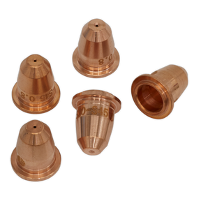 Five copper-colored nozzles, part of the "Sealey PP40PLUS.N" pack, are arranged in a scattered formation on a white background. Suitable for use in various applications, these nozzles offer both functionality and aesthetic appeal.