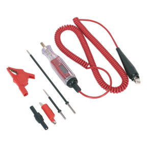 The Sealey Integrated Test Light/Voltmeter 3-48V - PP5 is a red automotive test light featuring a coiled cord, an LCD meter, and various interchangeable probes, clips, and connectors that function within a 3-48V DC range.