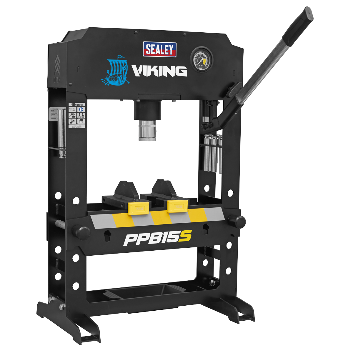 The Sealey Viking Hydraulic Press 15tonne Bench Type - PPB15S features a robust heavy-duty steel frame with an elegant black finish. It is equipped with a pressure gauge and a lever on the right side for control. Additionally, the press includes two yellow components below the press mechanism, ensuring it is designed to handle tough jobs with precision.