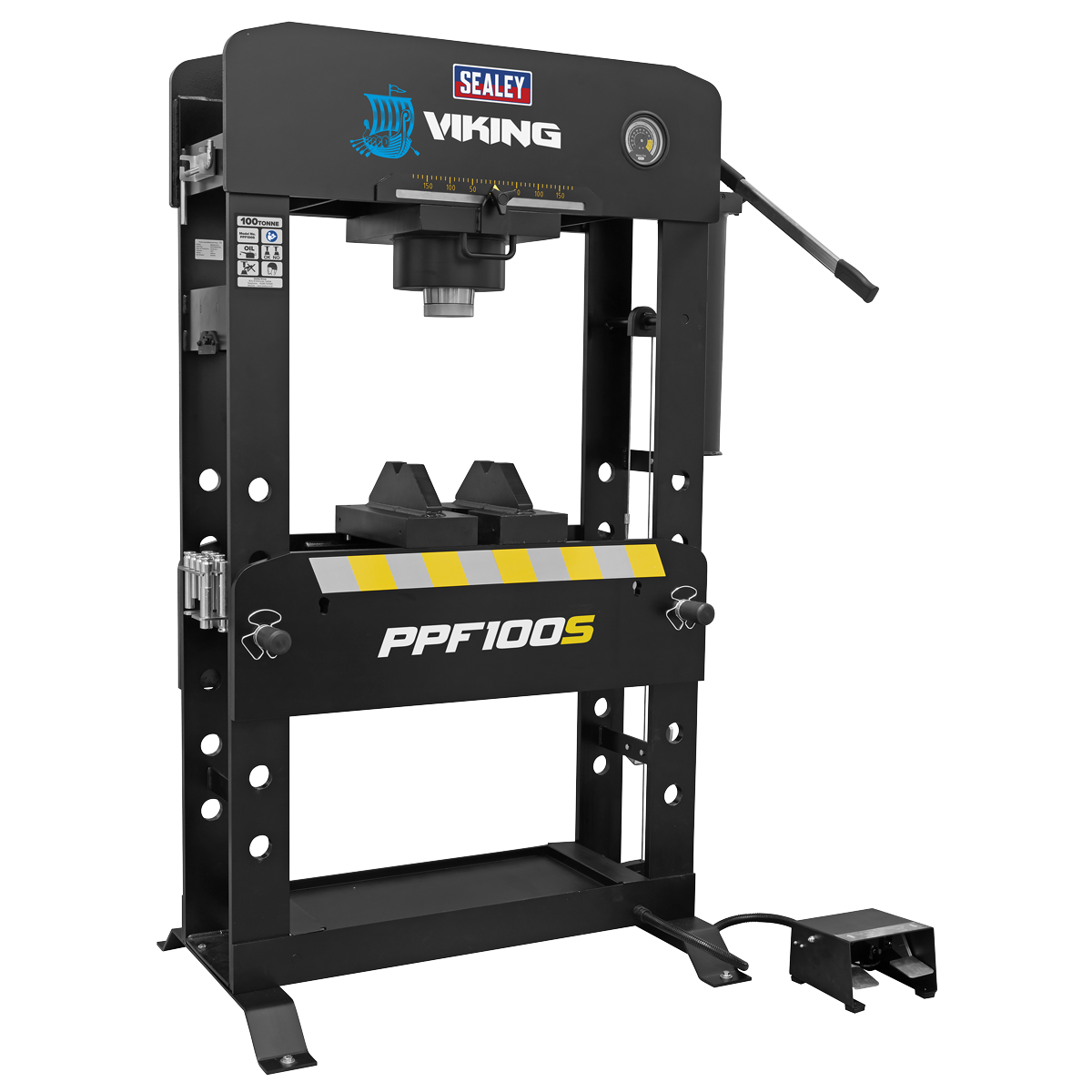 A black Sealey Viking Air/Hydraulic Press 100 Tonne Floor Type model PPF100S stands upright with a foot pedal visible at the bottom. The machine, equipped with a sliding hydraulic ram, is branded with the Viking logo and features various control knobs and handles.