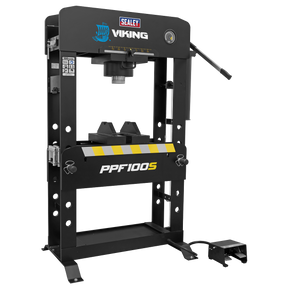 A black Sealey Viking Air/Hydraulic Press 100 Tonne Floor Type model PPF100S stands upright with a foot pedal visible at the bottom. The machine, equipped with a sliding hydraulic ram, is branded with the Viking logo and features various control knobs and handles.