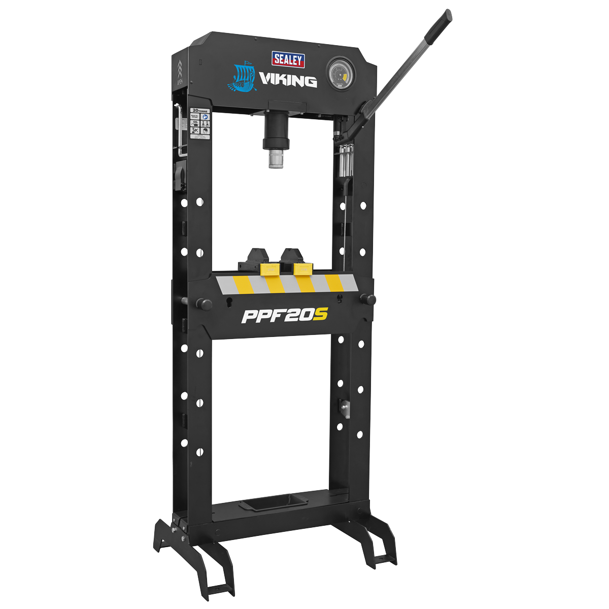 A black and yellow hydraulic press, named "Viking Hydraulic Press 20 Tonne Floor Type - PPF20S" from the brand "Sealey," features an adjustable work area on a white background and boasts a heavy-duty steel frame for added durability.