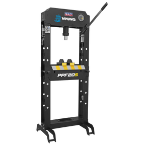 A black and yellow hydraulic press, named "Viking Hydraulic Press 20 Tonne Floor Type - PPF20S" from the brand "Sealey," features an adjustable work area on a white background and boasts a heavy-duty steel frame for added durability.