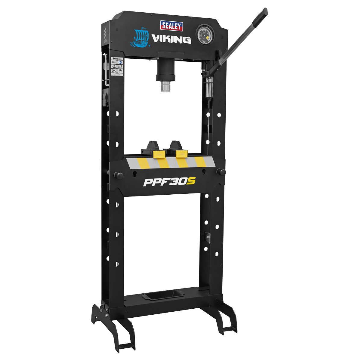 A Sealey Viking Hydraulic Press 30 Tonne Floor Type - PPF30S in black, featuring a heavy-duty steel frame for durability and a lever positioned on the right side.