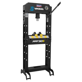 A Sealey Viking Hydraulic Press 30 Tonne Floor Type - PPF30S in black, featuring a heavy-duty steel frame for durability and a lever positioned on the right side.