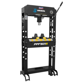 Black Sealey Viking PPF501S 50 Tonne Floor Type Air/Hydraulic Press with Sliding Ram, Foot Pedal, Adjustable Pressure Gauge, and Heavy-Duty Steel Frame.
