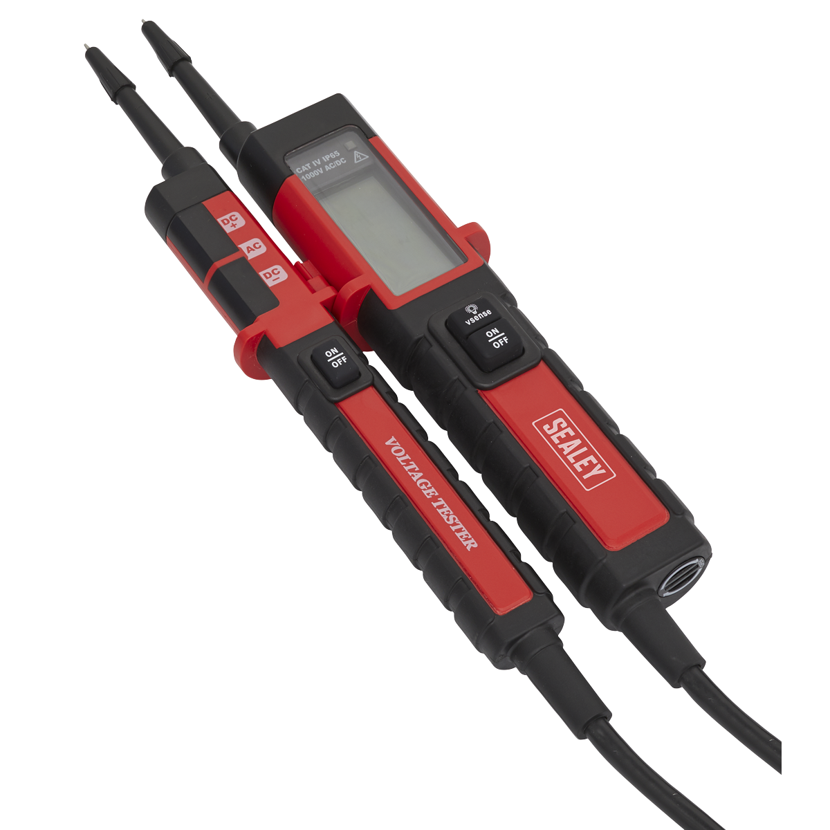 A Sealey High Voltage Tester CAT IV 1000V Hybrid/Electric Vehicles - PPHY in red and black, featuring two probes, an LCD display, and ON/OFF buttons. Ideal for working on electric hybrid vehicles and high voltage systems.