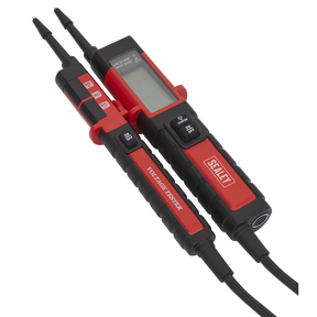 A Sealey High Voltage Tester CAT IV 1000V Hybrid/Electric Vehicles - PPHY in red and black, featuring two probes, an LCD display, and ON/OFF buttons. Ideal for working on electric hybrid vehicles and high voltage systems.