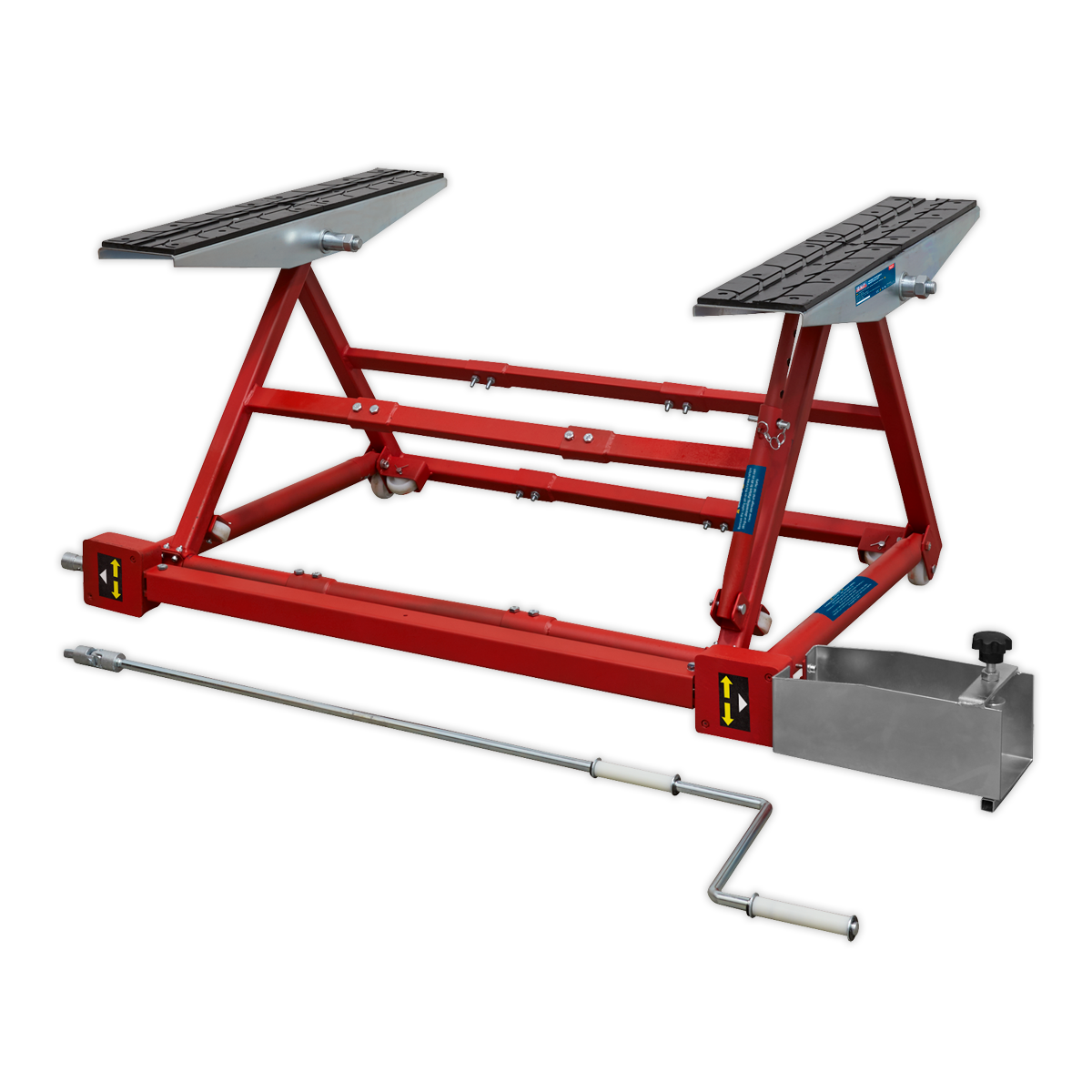 The Sealey Portable Pivot Car Lift 1500kg - PPL01 features adjustable width settings and a crank handle, designed for easy access to the underside while elevating motorcycles for maintenance.