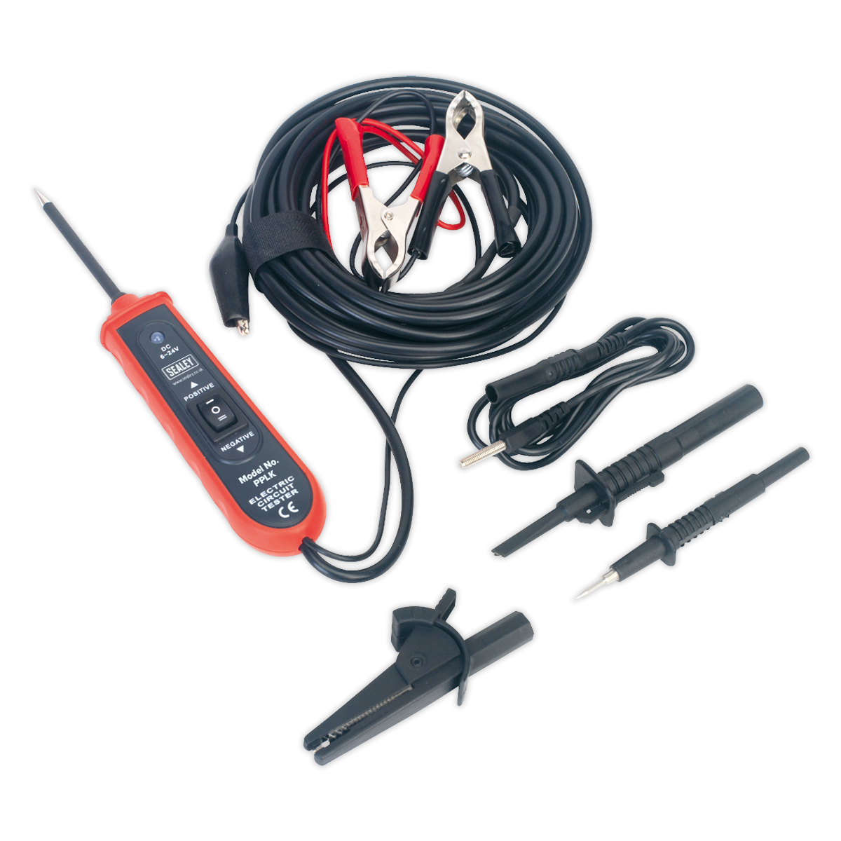 The Sealey Auto Probe Excel Kit 6-24V DC - PPLK is an automotive digital multimeter that comes with various accessories, such as test leads, alligator clips, and probe attachments neatly coiled around the device. Ideal for continuity testing and diagnosing short circuits, it also functions as a 6-24V DC test kit.