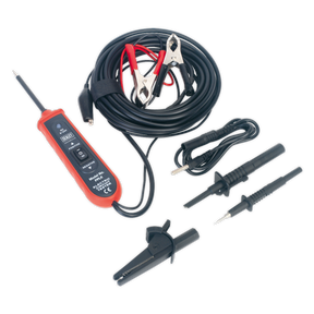The Sealey Auto Probe Excel Kit 6-24V DC - PPLK is an automotive digital multimeter that comes with various accessories, such as test leads, alligator clips, and probe attachments neatly coiled around the device. Ideal for continuity testing and diagnosing short circuits, it also functions as a 6-24V DC test kit.