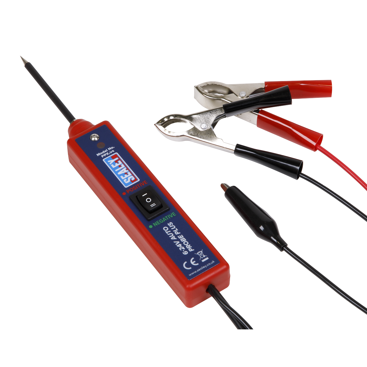 The Sealey Auto Probe Plus 6-24V - PPX features a red handle, a black display, and comes with red and black cables that end in metal alligator clips. This device is ideal for conducting polarity tests.