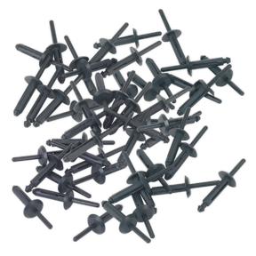 A scattering of Sealey plastic rivets, including Model No PR002 (Ø6.3 x 25.2mm Pack of 50), lies on a white surface.