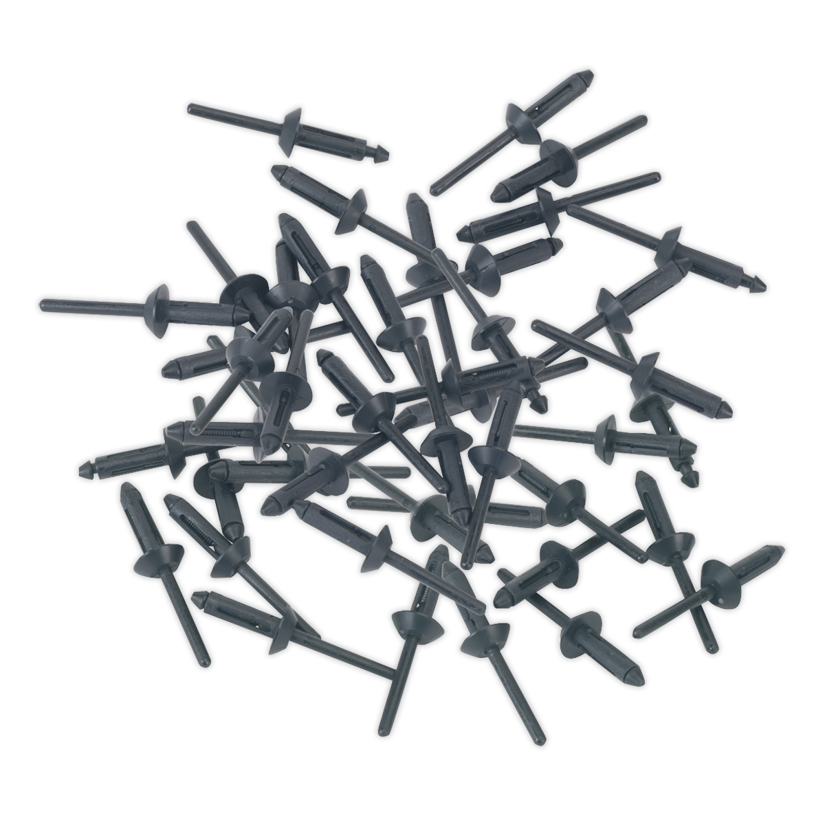 A scattered pile of black plastic rivets, such as the Sealey Plastic Rivet Ø5 x 15.8mm Pack of 50 - PR003, typically used in automotive or other assembly applications.