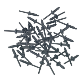 A scattered pile of black plastic rivets, such as the Sealey Plastic Rivet Ø5 x 15.8mm Pack of 50 - PR003, typically used in automotive or other assembly applications.
