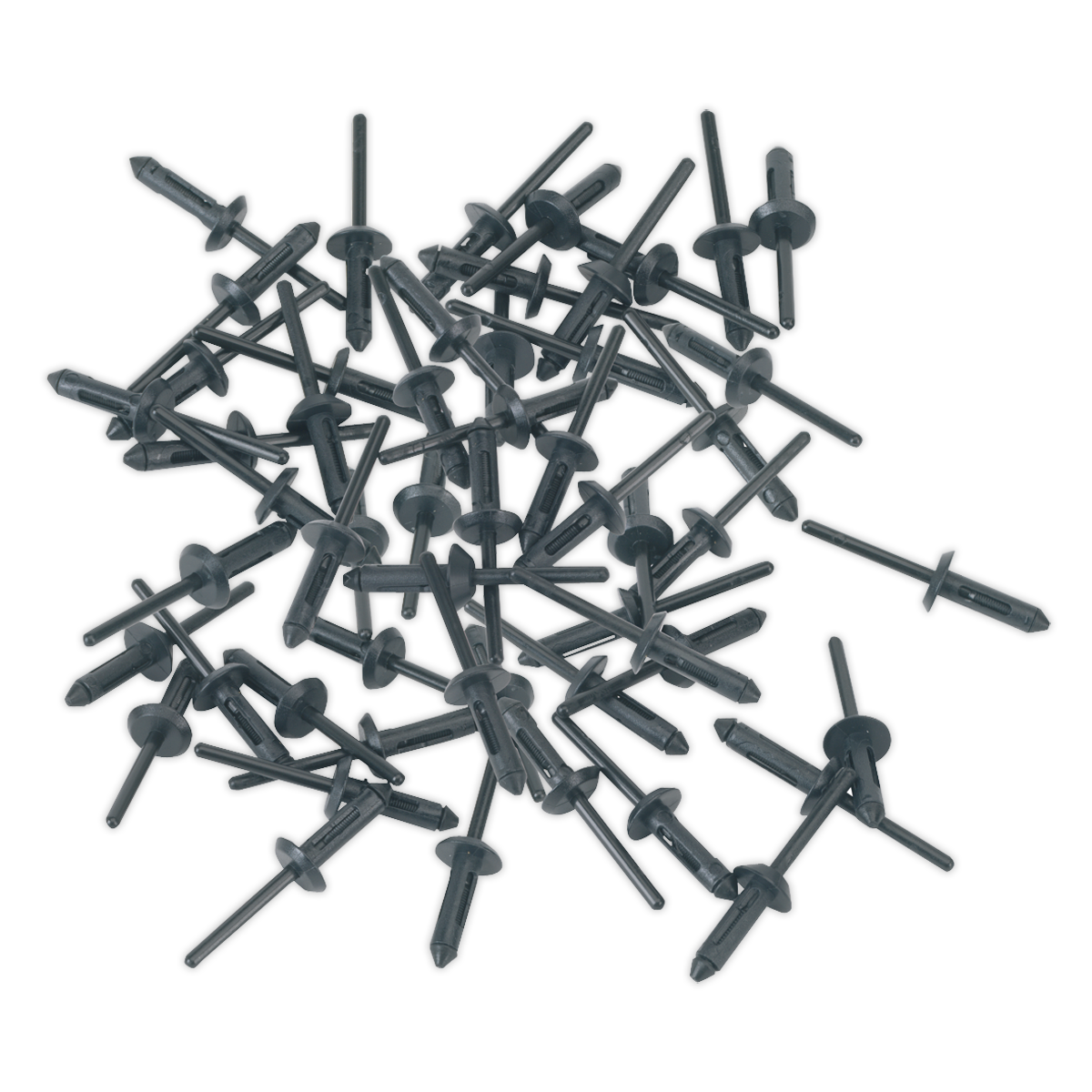 A pile of Sealey Plastic Rivets Ø5 x 17.2mm - PR004, scattered randomly.