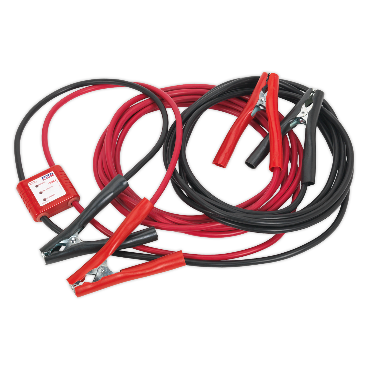 The Sealey Booster Cables 7m 450A 25mm² with 12/24V Electronics Protection - PROJ/12/24, featuring heavy-duty red and black cables with sturdy metal clamps and an integrated protection device on the red cable, are perfect for safely jump-starting your vehicle.