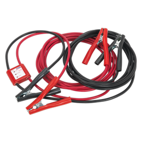 The Sealey Booster Cables 7m 450A 25mm² with 12/24V Electronics Protection - PROJ/12/24, featuring heavy-duty red and black cables with sturdy metal clamps and an integrated protection device on the red cable, are perfect for safely jump-starting your vehicle.