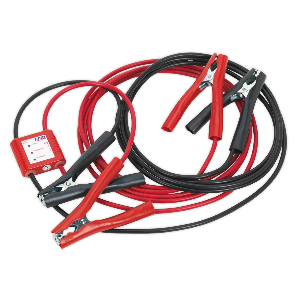 The Sealey PROJ/12 Booster Cables 5m 400A 20mm² come with red and black insulated clamps, a small attached electronic device, and surge protection for 12V systems.