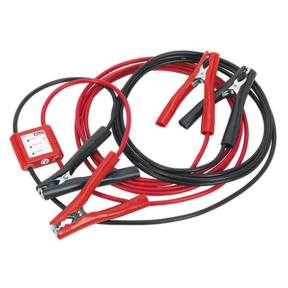 The Sealey PROJ/12 Booster Cables 5m 400A 20mm² come with red and black insulated clamps, a small attached electronic device, and surge protection for 12V systems.