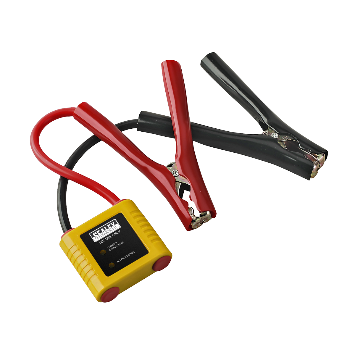 The Sealey Auto Electronics Protection Device 12V - PROSAF/12 features red and black clamps attached to a small yellow box, making it perfect for managing vehicle electronics.