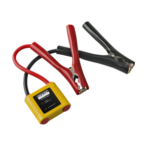 The Sealey Auto Electronics Protection Device 12V - PROSAF/12 features red and black clamps attached to a small yellow box, making it perfect for managing vehicle electronics.