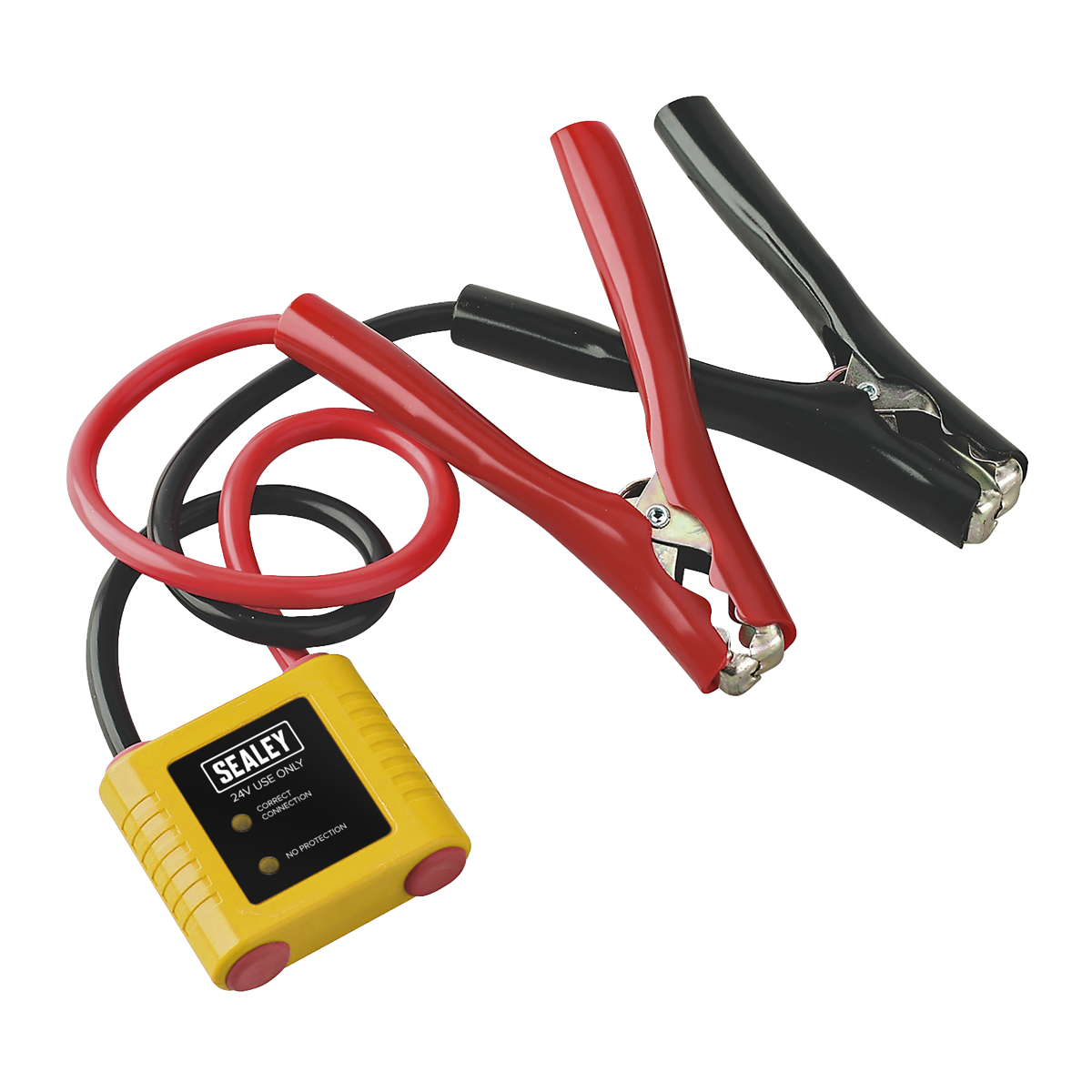 A pair of red and black jumper cables with large clamps are attached to a yellow Sealey Auto Electronics Protection Device 24V - PROSAF/24, ensuring protection for your vehicle electronics.