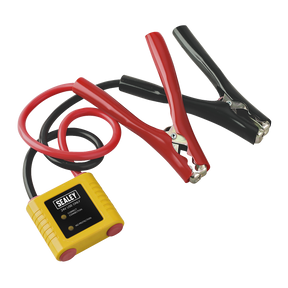 A pair of red and black jumper cables with large clamps are attached to a yellow Sealey Auto Electronics Protection Device 24V - PROSAF/24, ensuring protection for your vehicle electronics.