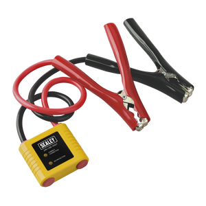 A pair of red and black jumper cables with large clamps are attached to a yellow Sealey Auto Electronics Protection Device 24V - PROSAF/24, ensuring protection for your vehicle electronics.