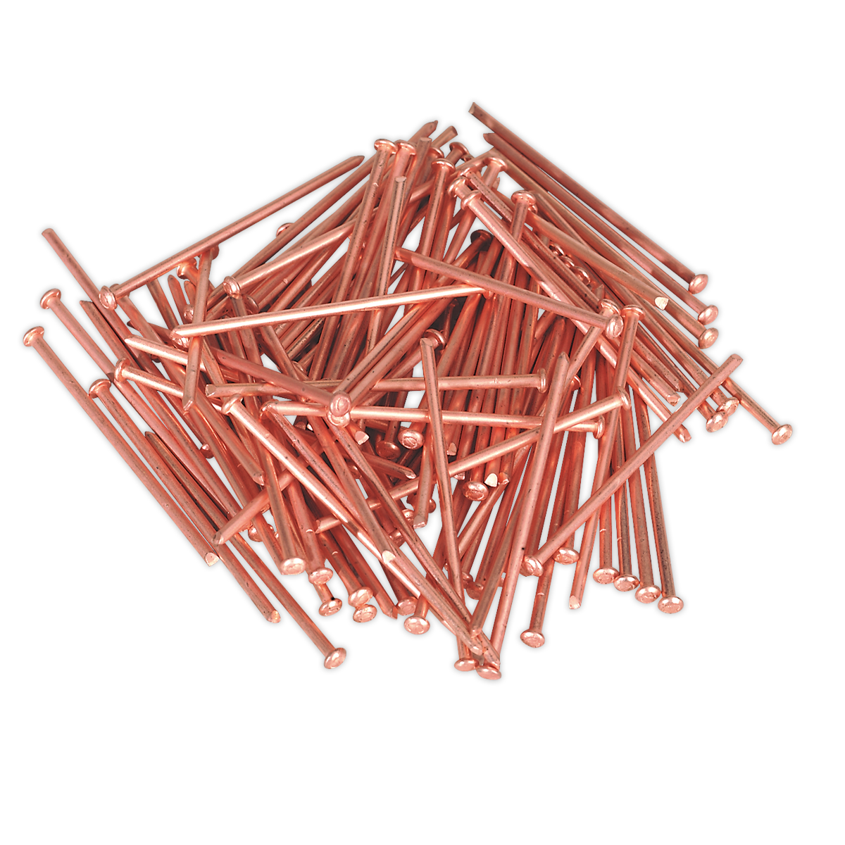 A pack of 100 shiny Stud Welding Nails (Sealey model PS/0003, 2 x 50mm) scattered on a white background, perfect accessories for stud welders.