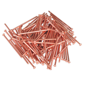 A pack of 100 shiny Stud Welding Nails (Sealey model PS/0003, 2 x 50mm) scattered on a white background, perfect accessories for stud welders.