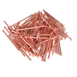 A pack of 100 shiny Stud Welding Nails (Sealey model PS/0003, 2 x 50mm) scattered on a white background, perfect accessories for stud welders.