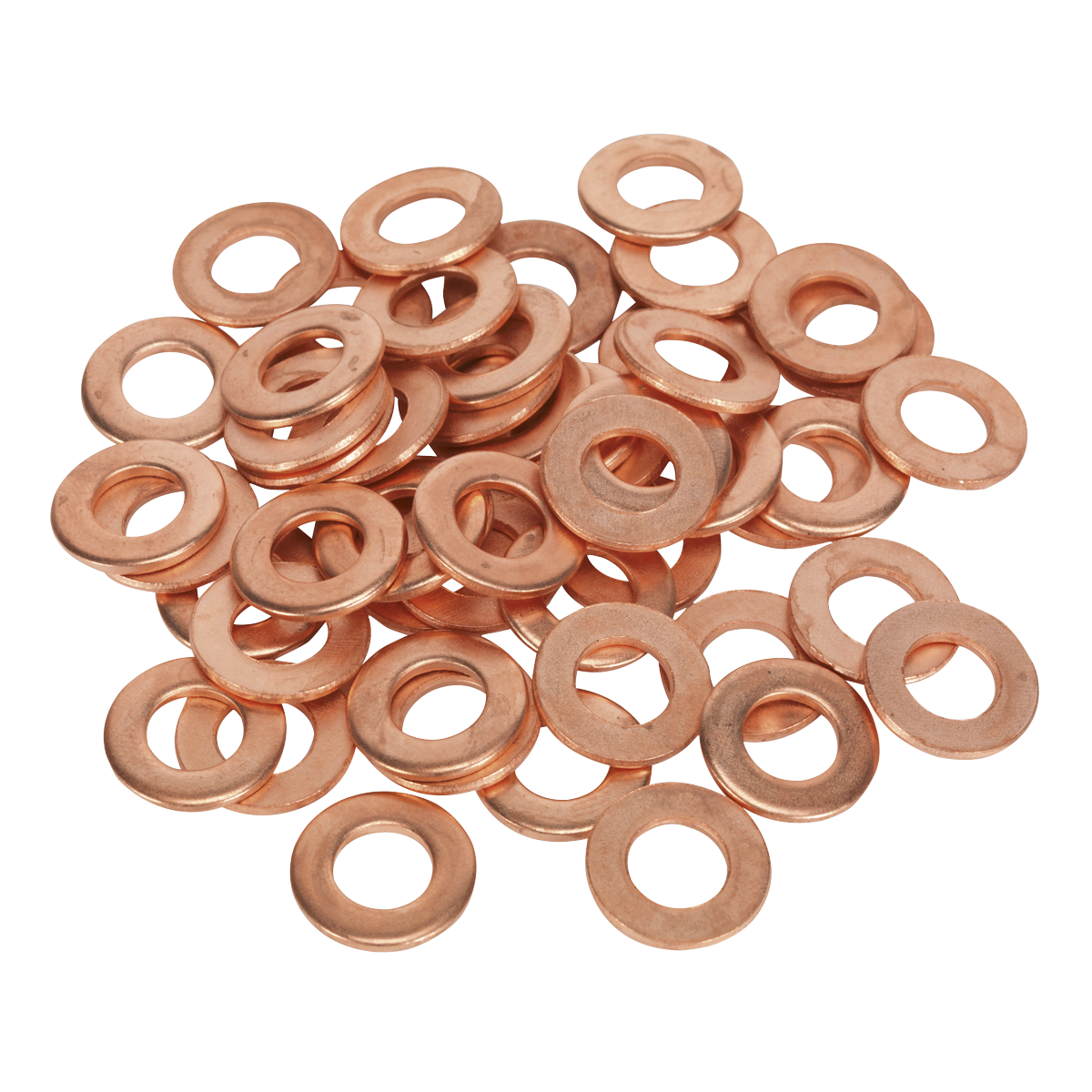 A collection of Sealey Stud Welding Washers, 8 x 16 x 1.5mm (Pack of 50, PS/000450), essential accessories for spot welders, is scattered across a white background.