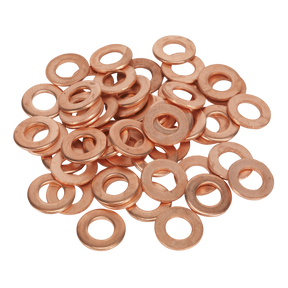 A collection of Sealey Stud Welding Washers, 8 x 16 x 1.5mm (Pack of 50, PS/000450), essential accessories for spot welders, is scattered across a white background.