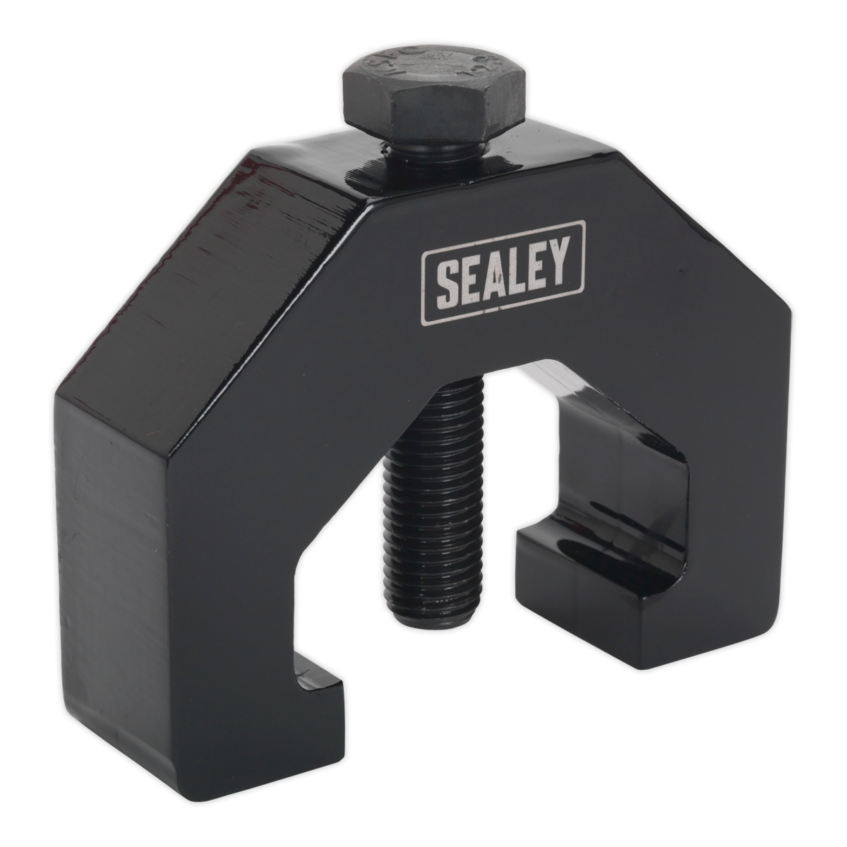 A Sealey Steering Drop Arm Puller - Land Rover Defender 90, 110, 130 - PS970 is a black tool with a central threaded bolt and the brand name prominently displayed on its top surface, ideal for working on steering drop arms in Defender 90, 110, and 130 Land Rovers.