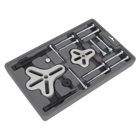 The Sealey Steering Wheel & Harmonic Balancer Puller Set 18pc - PS977 is perfect for working with harmonic balancers and steering wheel yokes, featuring various pullers and bolts neatly organized in a molded plastic case.