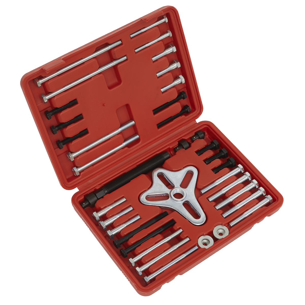 A red plastic storage case from Sealey, containing the Harmonic Balancer Puller Set 49pc - PS979, includes bolts, rods, and a three-pronged pulling device for extracting flywheels. The case is open to display the neatly organized tools.