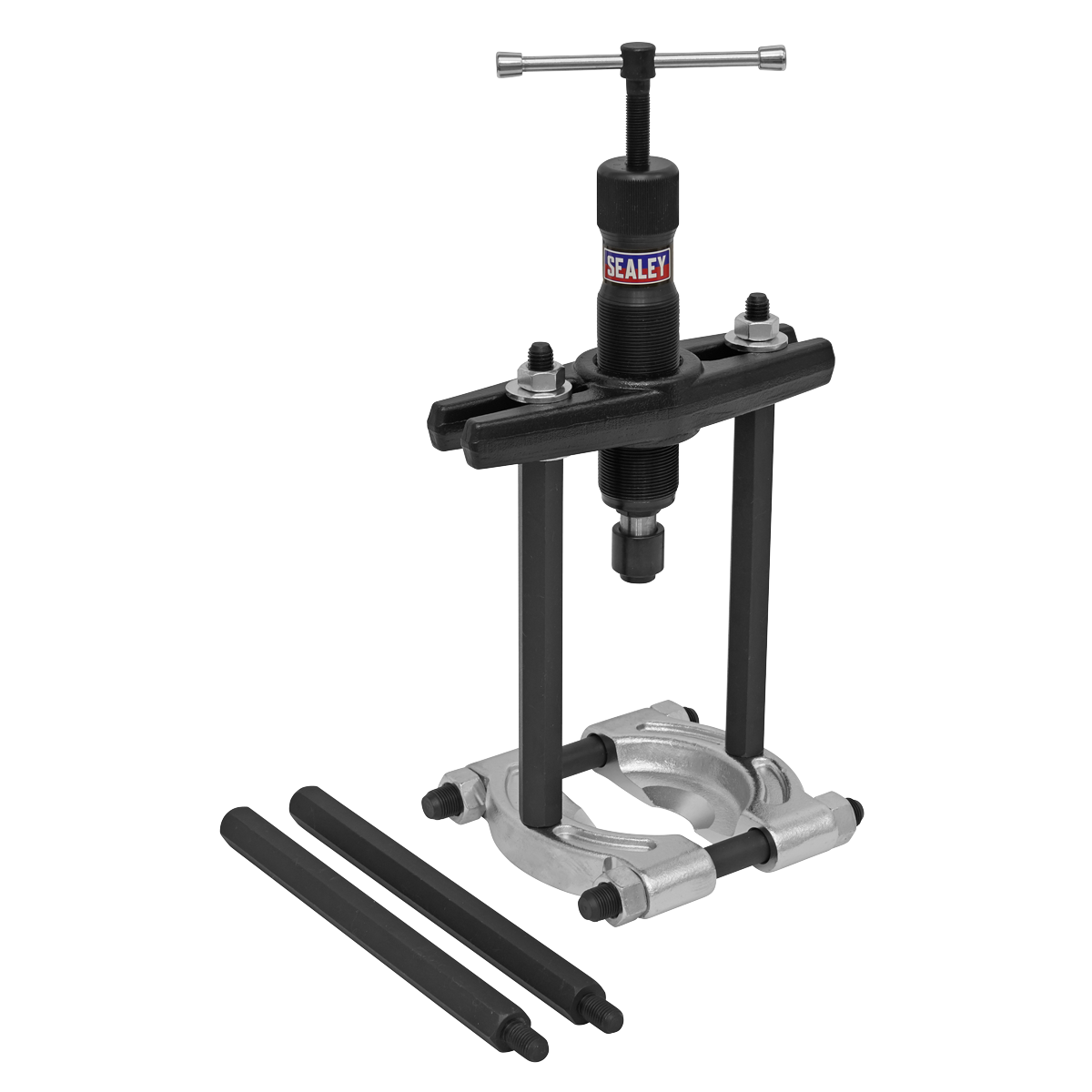 The Sealey Bearing Separator/Puller Set 8pc Hydraulic - PS980, featuring a central screw mechanism, guiding rods, and various attachments including a hydraulic ram for enhanced efficiency, is designed for bearing and mechanical component extraction.