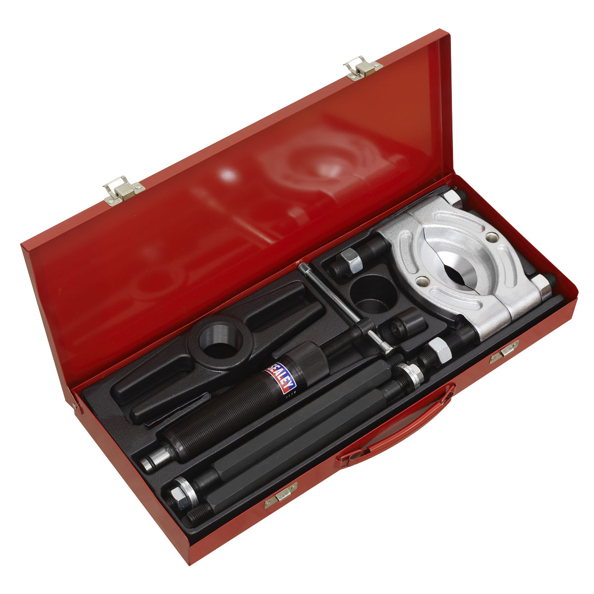 The Sealey Bearing Separator/Puller Set 8pc Hydraulic - PS980 comes in a red metal toolbox and includes a hydraulic puller set with various components, such as a hydraulic cylinder, rods, a puller yoke, and adapters, all organized in foam compartments.