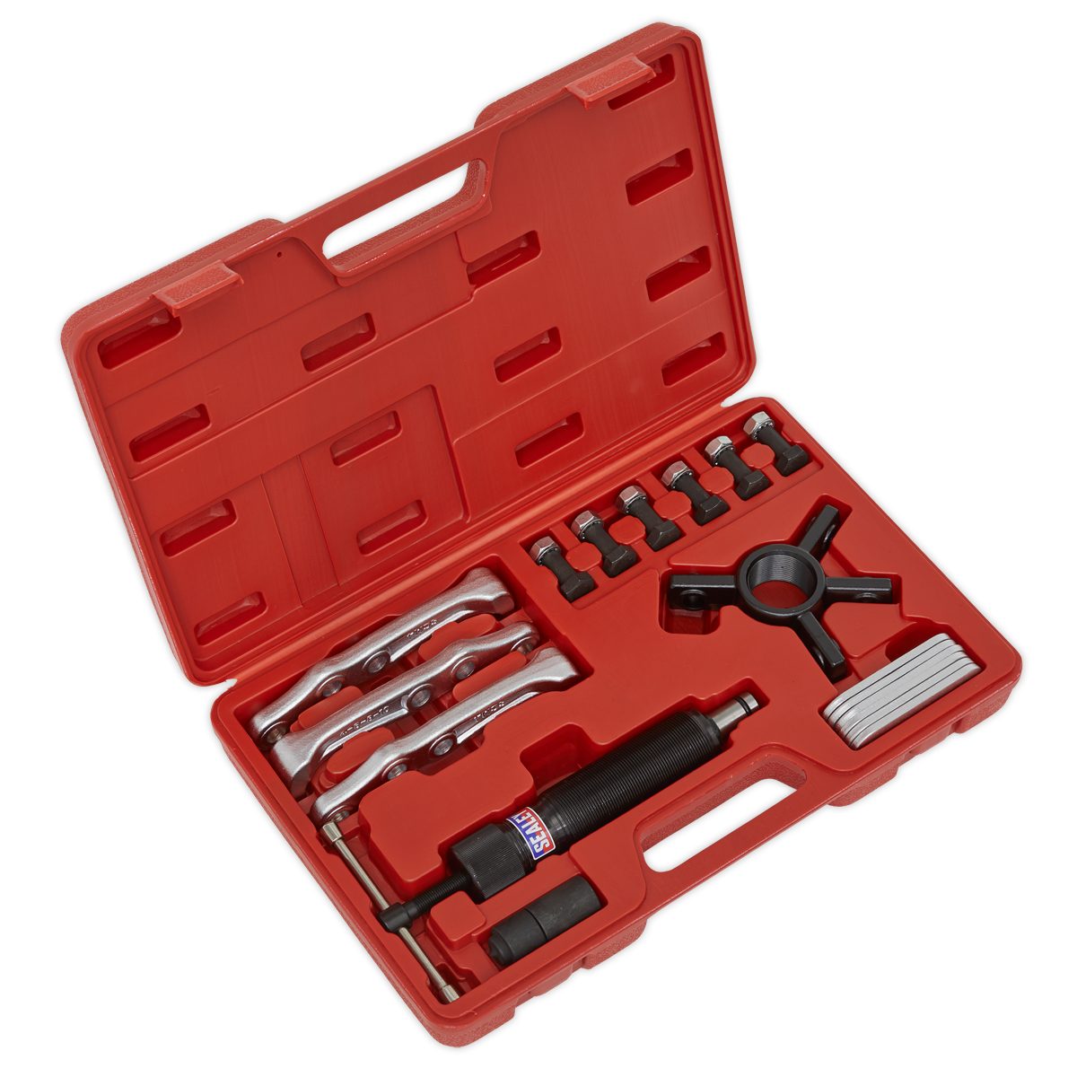 The Sealey Hydraulic Puller Set 19pc - PS981 includes a red plastic tool case with various metal tools, such as wrenches, sockets, and a handle, all neatly arranged in designated slots. This set also features three 3-position puller arms for versatile applications.